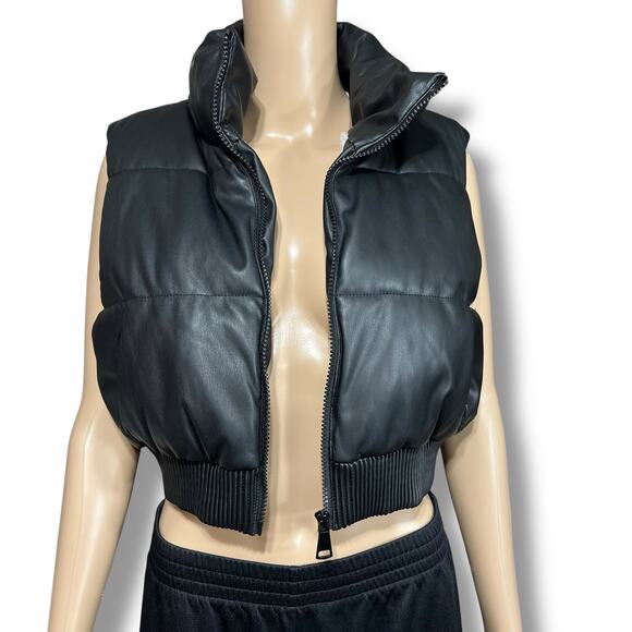 Ci Sono by Cavalini Womens Faux Leather Puffer Vest Sherpa Lined Crop Black Med - Picture 7 of 12